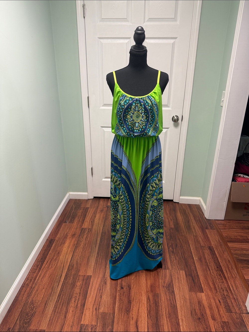 ALLOY Lime Green and Teal Printed Maxi Dress